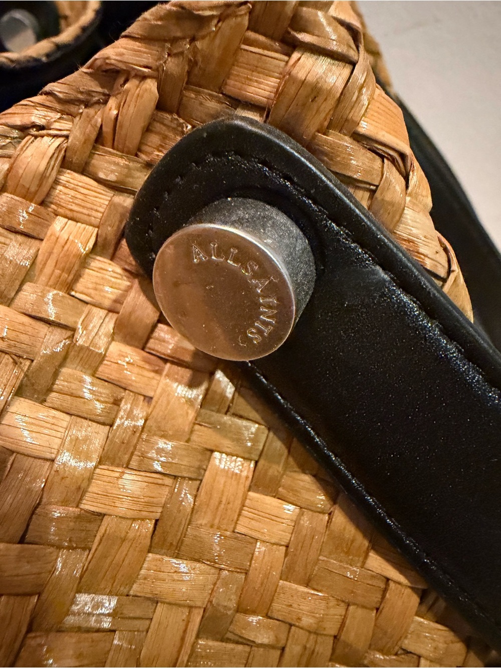 AllSaints Woven Straw Tote in Natural Tan with Black Handles - Picture 6 of 6